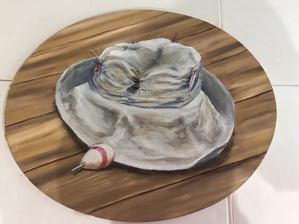 Fisherman’s Hat Painting Canvas Lures Oval Fishing Cabin Wall Hanging 20×16”