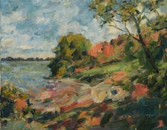 Art Orig. Signed Oil Painting by RM Mortensen „Smith Landing“ Lake River Nature