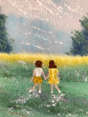 JEAN LUCEY ENAMEL ON COPPER PAINTING Siblings Children At Play County Landscape
