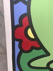 Charles Houska 2001 Green Frog Blue Eyes Red Pink Flowers Black 12”sq Acrylic