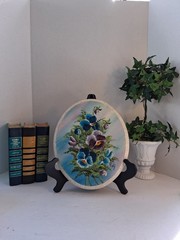 Lovely Vtg Pansy/Floral Oil Paintings Pair on Oval Shaped Wood; 2 Pc;Artist Sign