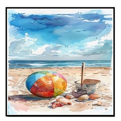 Watercolor olorful Ball, Shells, Metal Pail, and Shovel on Sandy Shore Canvas