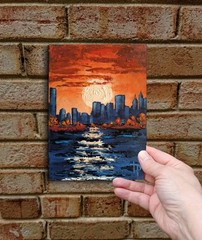 Vibrant Urban Sunset Painting Original Oil City Skyline Artwork 5×7″ Modern Art