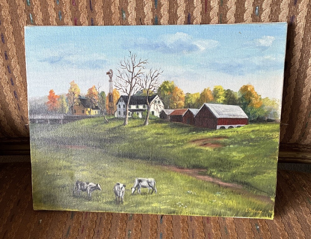 Vtg Original Oil Painting “Suttons Farm” Barn Landscape Cows Unframed Lis Behnke