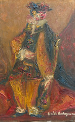 Antique Oil Original Painting signed Circus Harlequin, Portrait, Costume, Clown