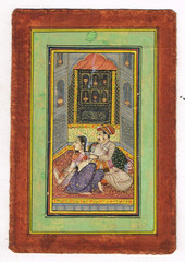 Mughal Miniature Painting Of Mughal Emperor And Empress In Love Scene 3.75X5″