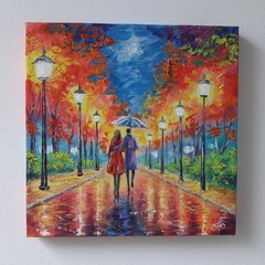 Small Oil Painting on Canvas Autumn Park Couple Umbrella Vibrant Colors Wall Art