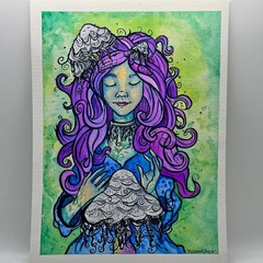 ORIGINAL 9×12 Fantasy Portrait Mushroom Girl Watercolor Ink Painting OOAK