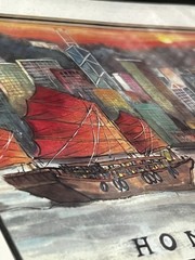 Victoria Harbour in Hong Kong Watercolor Black Frame Signed Small Art Boats City
