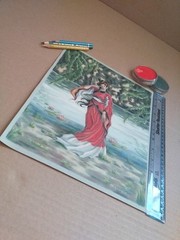 „Waiting By the Pond“ Asian Kitsune Woman Pastel And Colored Pencil Artwork