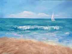 Sailboat Seascape Painting Original Canvas Art 16 by 20 Inches