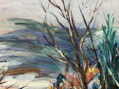 American mid 20th C, L. Bannerman, Vintage Oil Painting, Winter Rural Landscape
