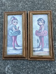 Pair Of 1960’s „Big Eyes“ Ballerina Prints by Maio. Solid wood frames W/ Glass.