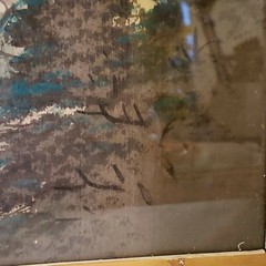 Village vintage Japanese Painting Art on Silk 14.5” X 17.5”glass & bamboo frame