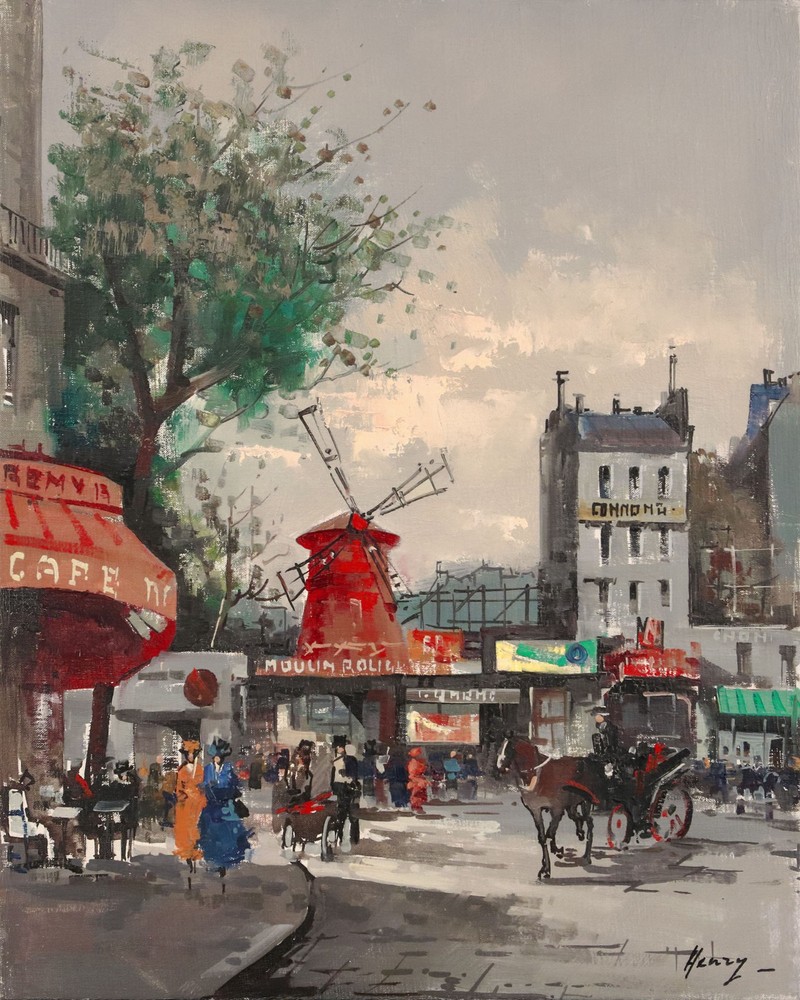 HENRY Signed Vintage MidCentury cLate 1950s-1960 Oil Painting PARIS MOULIN ROUGE