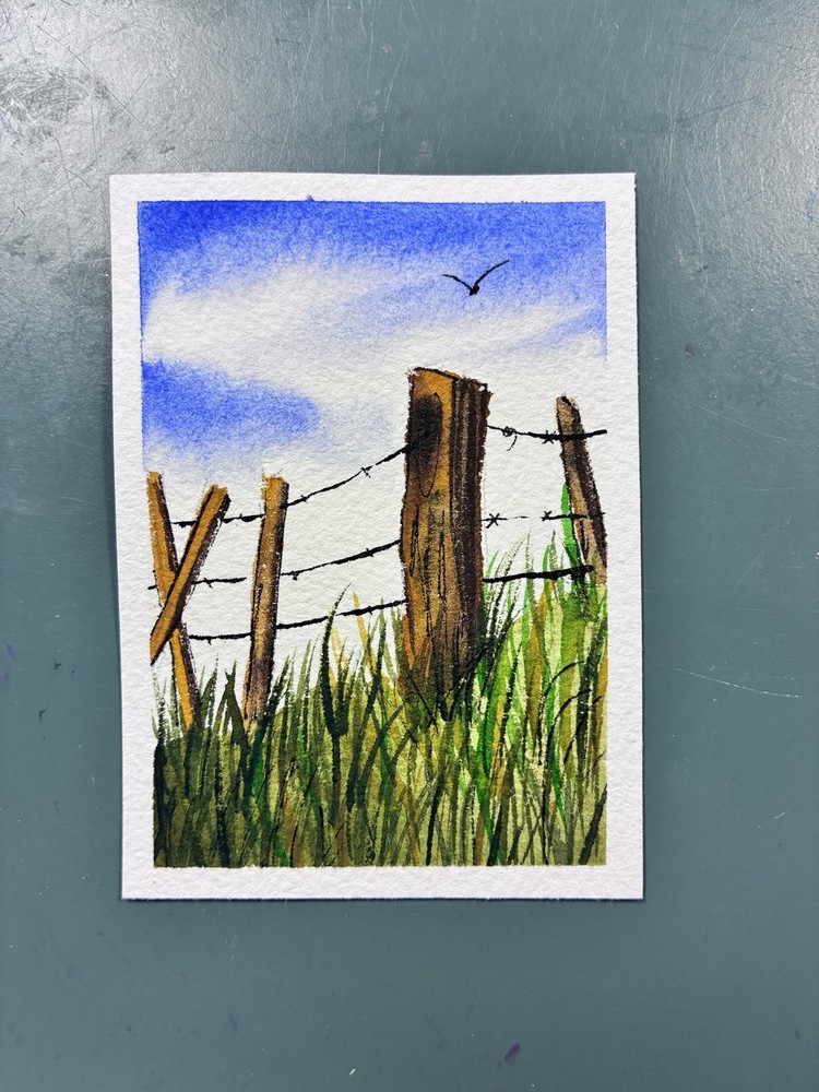 Original Watercolor ACEO Rustic Barbed Wire Fence Country Landscape ladeefire