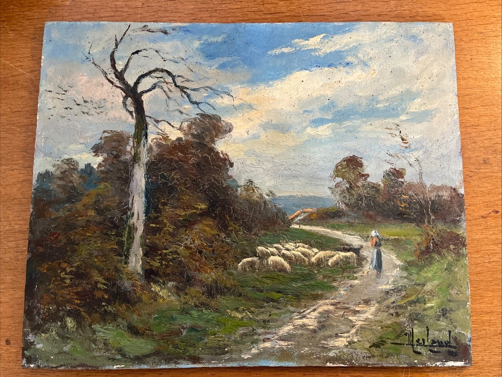 Landscape and Shepherdess Oil on Panel, Signed, 32.5×40.5cm, France