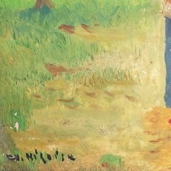 Mid Century Charles Nicoise Oil Painting on Porcelain Tile Woman in Meadow 9.5