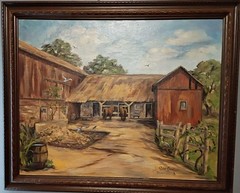 Framed Large Colorful Painted „Farm Life“ Scene w/ Barn & Horses by BEA COOK!
