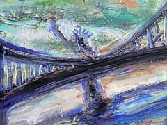 FLOATING FEAST Arthur Robins Original Oil NYC Cityscape Tugboat Birds Bridges