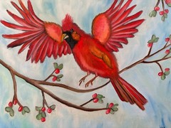Original oil painting signed 11 x 14 in red bird cardinal