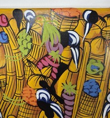 Vintage Signed JEAN Haitian Market Folk Art 23×19 Oil Painting on Cloth Canvas