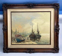 VTG Wim Van Norden Oil Painting Impressionist Sail Boats Antique Frame 32×29