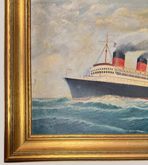 Vintage SS Ile De France Artist Original Oil Painting W. T. Olivea Wood Frame