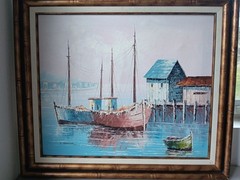 Original KESWICK Oil Painting Fishing Boats in Harbor PINK SKY Calm Nautical MCM
