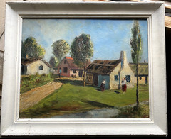 ::OIL PAINTING TREES FARM WITH PEOPLE LAUNDRY HANGING ILLEGIBLE SIGNED