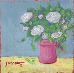 ORIGINAL CASEIN MINI STILL LIFE PAINTING WHITE ROSES PINK VASE BY SUE FURROW