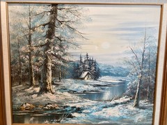 Vintage Painting Winter Landscape On Canvas WINTER MOON Painting Framed 22×19