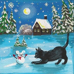 4×4 PRINT OF PAINTING RYTA FOLK ART BLACK CAT MOUSE SNOWMAN Frosty Christmas 🎄