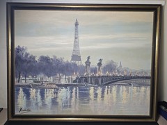 Framed original oil painting Wall Art Eiffel Tower signed Kodeda 27×21.5 Germany