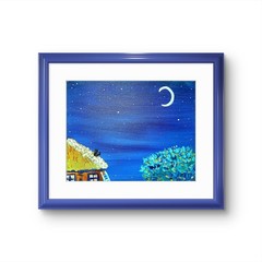 Cat Watches The Moon Original Expressionism Acrylic Abstract Canvas 11×14 Canvas