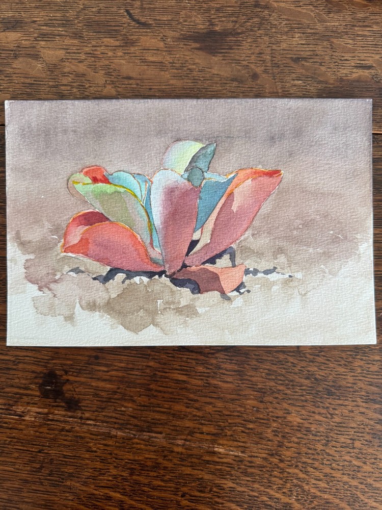 1990s Watercolor Painting Succulent Plant California Artist 6 x 9