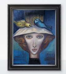 SUMMER. SURREALISM. Birds and a girl. Oil on cardboard.
