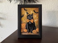 ORIGINAL OIL PAINTING BLACK CAT PUMPKIN AUTUMN HALLOWEEN SIGNED FRAMED 4×6