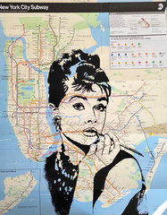 Rare Handpainted Audrey Hepburn Acrylic paint Art on a NYC Subway Map 23×32″