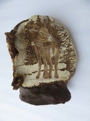 Rare Hand Carved Ram & calf in Birch Trees Conk Shelf Mushroom Fungus Folk Art