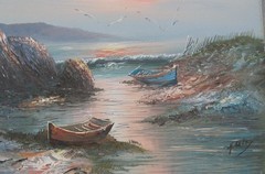 Seascape Shoreline Oil Painting Two Boats on Canvas 24×20 signed by H. Gailey