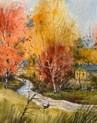 7X10” Original Watercolor Pamela Wilhelm Autumn Homestead Road Landscape