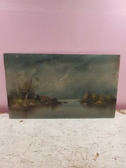 Oil Painting On Board 30×18 Ocean Lake Shoreline Cottage Boat Trees Storm Clouds