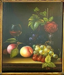 Painting Floral and Fruit Oil on Board Vintage Still Life Classic Art Decor