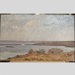 Old OIL Hand PAINTING /Fisherman House at Sea Shore/USSR Realism 27″=70cm SIGNED