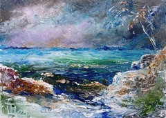 Painting „Bench on the Shore.“ Oil on hardboard. 5×7 inc.Handmade. 2025.
