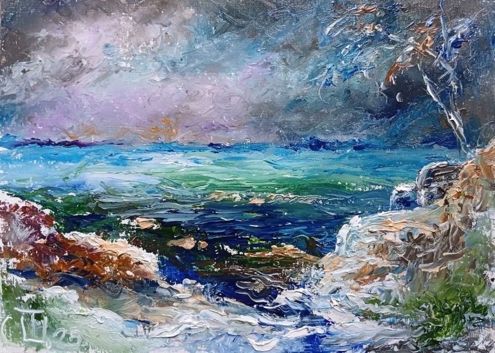 Painting „Bench on the Shore.“ Oil on hardboard. 5×7 inc.Handmade. 2025.