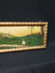 Antique Oil Painting Folk Art Country Scene Hunter Pointing ? Signed 12×6″