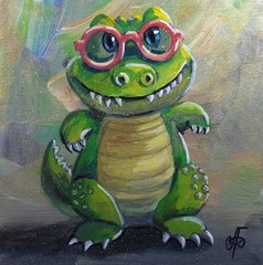 Original Acrylic Painting Cute Funny Crocodile Glasses Small Hand Painted Art