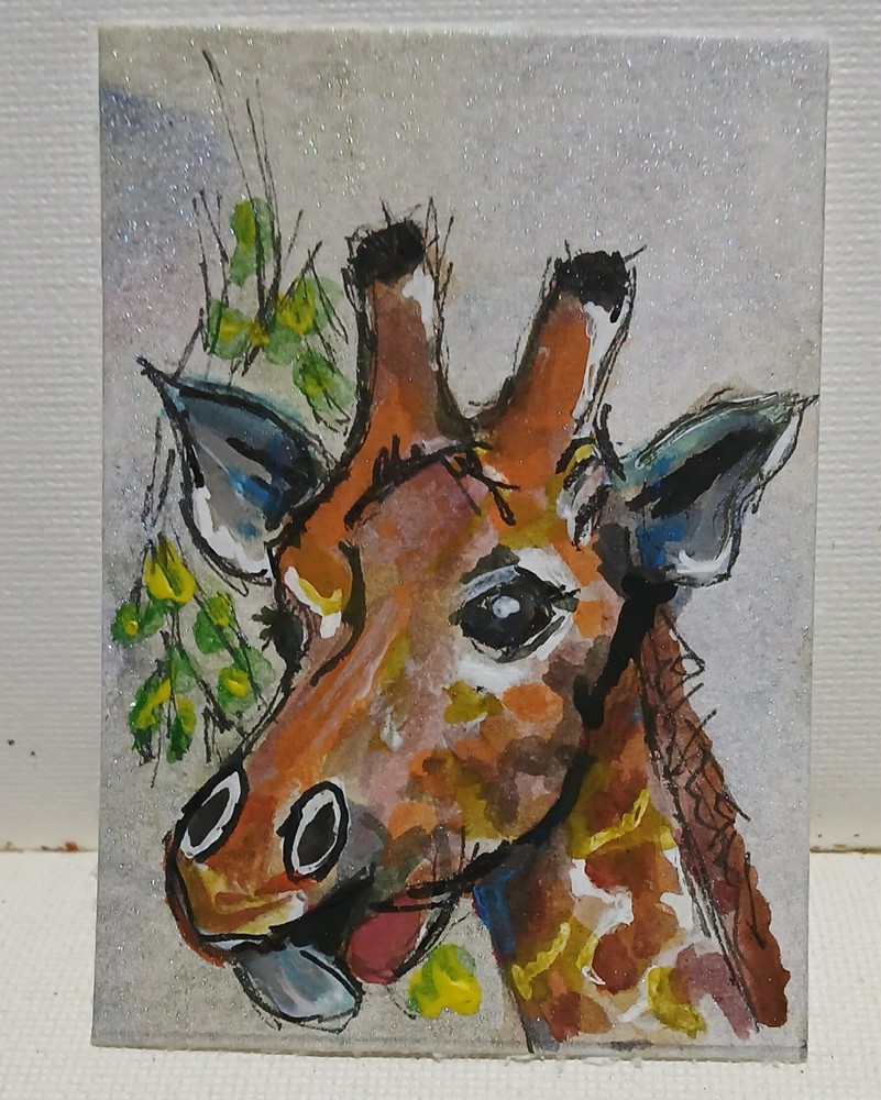 OOAK Giraffe Portrait in Impressionist Color with Distressed Metallic Glow ACEO